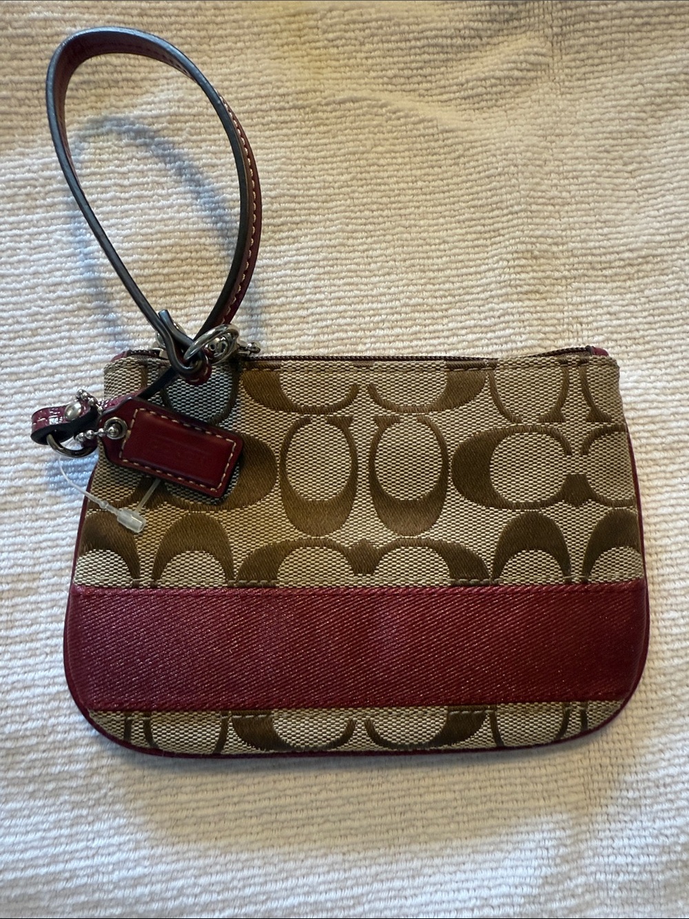 Coach Khaki Signature Canvas Wristlet with Burgundy Trim